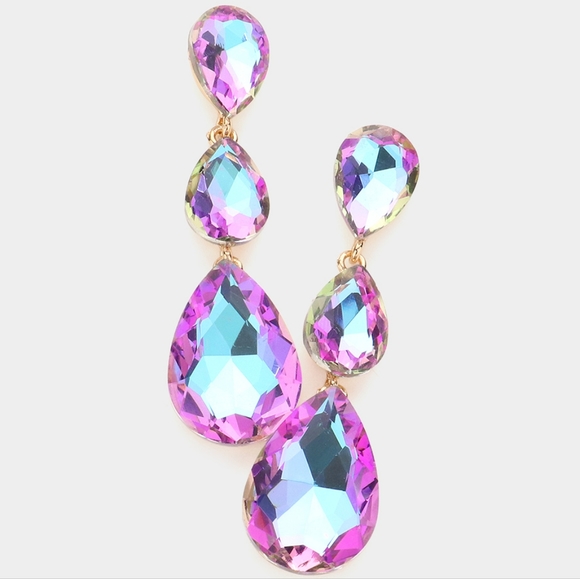 Violet Dangle Crystal Earrings 2.75 Inch Triple Tear Drop Jewelry - Picture 3 of 3